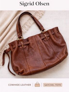 Sigrid Olsen Leather Tote Boho Satchel Brown Cowhide Shoulder Bag